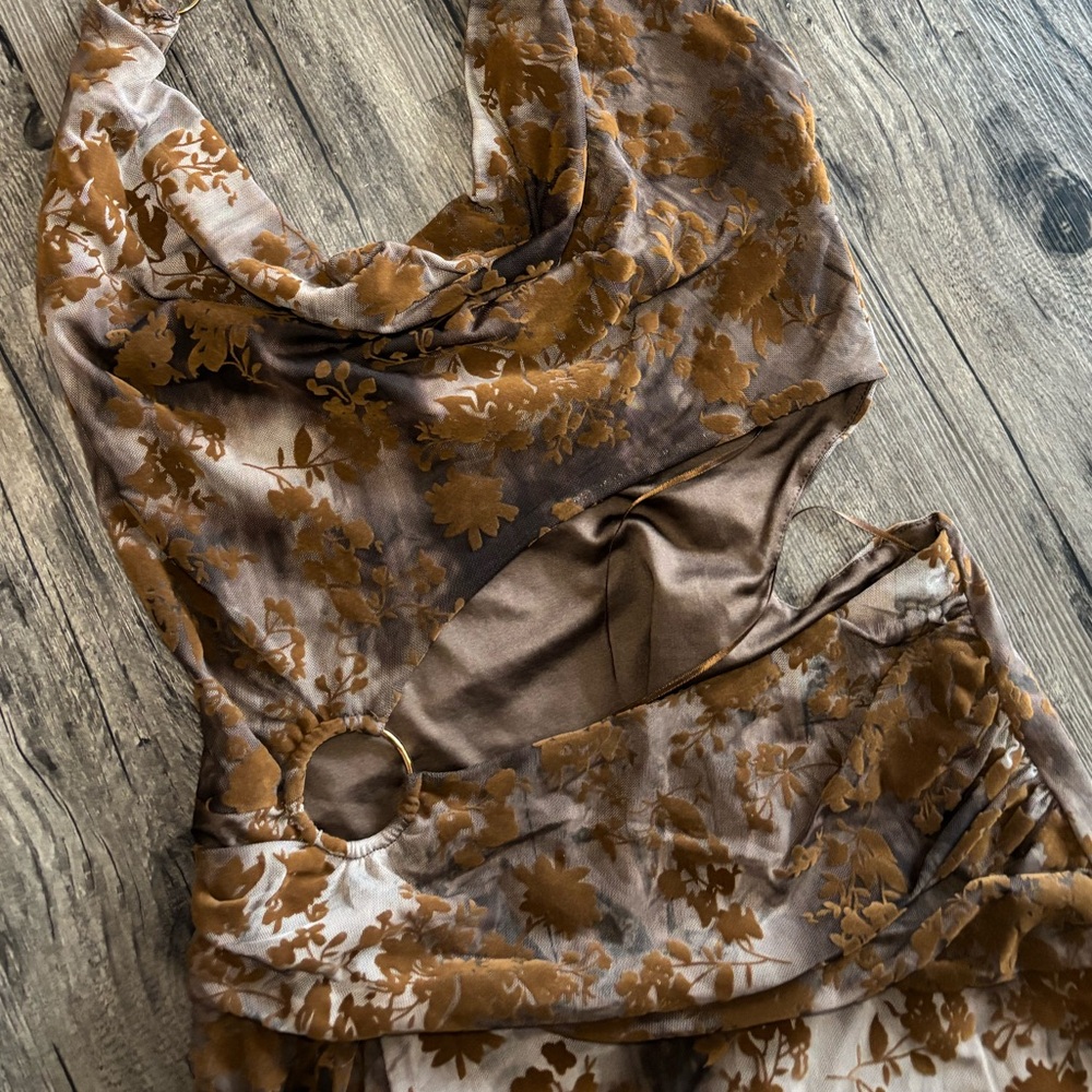 Y2k Style Windsor Brown Floral Burnout Pattern Cowl Halter Top Cutout Mini Dress - Picture 5 of 16